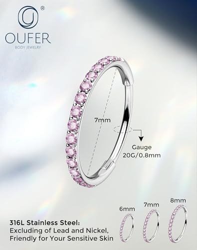OUFER Nose Rings Surgical Steel Cartilage Earrings Tragus 316L Stainless Steel Helix Earrings Cartilage Earring 14G/16G/18G/20G Hinged Segment Rings Hoop - color: Pink