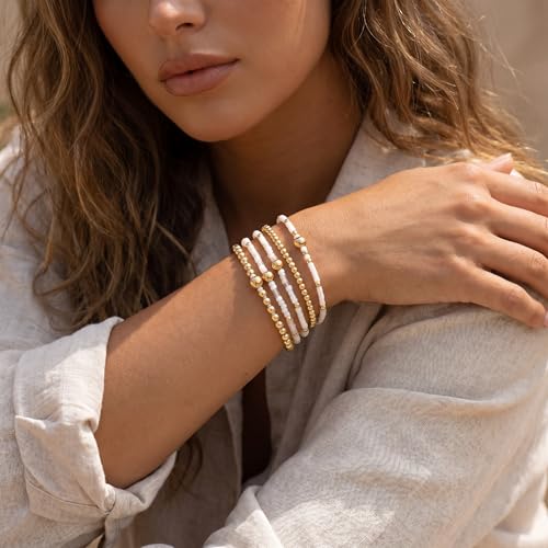 14K Gold Plated Beaded Bracelets Stack Set for Women,Stretch Boho Ball Jewelry Friendship Trendy - color: White