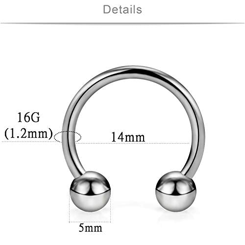 SCERRING 2-8PCS 16G G23 Titanium Horseshoe Septum Ring Nose Rings Hoop Helix Daith Cartilage Tragus Earrings Nipple Eyebrow Body Piercing Jewelry 8mm 10mm 12mm 14mm - style: A:2PCS - 16G 14mm
