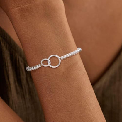 Beaded Bracelets for Women 14K Silver Gold Plated Stretch Handmade Ball Bracelets Cute Charm Bracelet Dainty Stackable Cross Heart Bow Wave CZ Circle Trendy Jewelry Easter Gifts - color: double-circle-silver