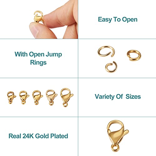 PH PandaHall 220Pcs Stainless Steel Lobster Claw Clasps Open Jump Rings Set Real 24K Gold Plated Jewelry Lobster Clasp 5 Sizes Bracelet Necklace Clasp Closures for Jewelry Making, 1 Box
