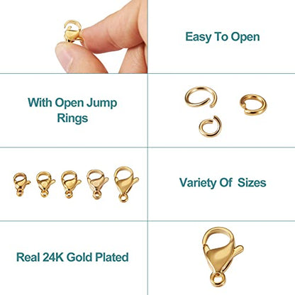 PH PandaHall 220Pcs Stainless Steel Lobster Claw Clasps Open Jump Rings Set Real 24K Gold Plated Jewelry Lobster Clasp 5 Sizes Bracelet Necklace Clasp Closures for Jewelry Making, 1 Box