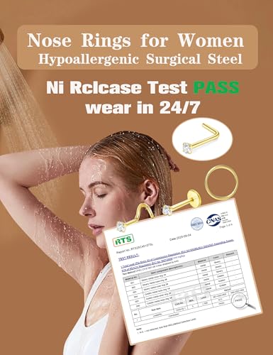 8PCS Titanium Nose Rings Stud, Gold Nose Ring for Women Men Hypoallergenic Nostril Hoops L Shape Nose Studs Corkscrew CZ Nose Piercing Jewelry Silver 18G & 20G Nose Ring Studs 2/2.5/3mm - style: Gold-8pcs nose stud