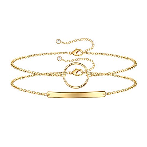 Dainty Gold Bracelets for Women, 14K Gold Plated Adjustable Layered Beads Bracelet Cute Evil Eye Oval Chain Pearl Bar Turtle Gold Bracelets for Women Jewelry - style: Circle&Bar