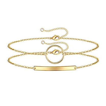 Dainty Gold Bracelets for Women, 14K Gold Plated Adjustable Layered Beads Bracelet Cute Evil Eye Oval Chain Pearl Bar Turtle Gold Bracelets for Women Jewelry - style: Circle&Bar