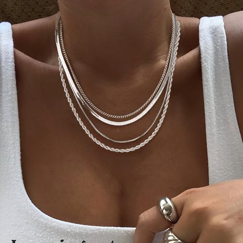 Tewiky Layered Necklaces for Women 14k Gold Plated Chain Necklace Set | Chunky Herringbone/Snake/Rope/Box/Cuban Link Chain for Women, Layering Stack Choker Necklace, Dainty Jewelry Set Non Tarnish - color: 4 Layered Necklace Silver