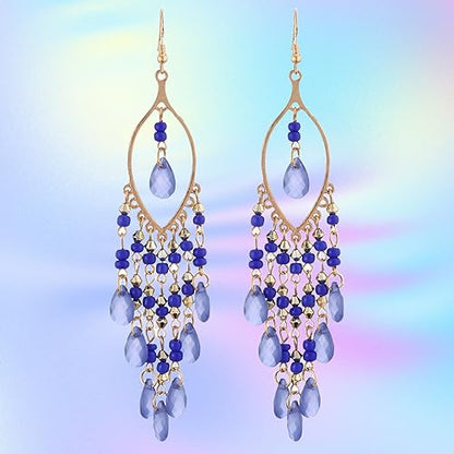Essencedelight Crystal Beaded Tassel Earring Long Beaded Dangle Earring Fringe Hook Earring for Women Bridal Wedding - color: blue