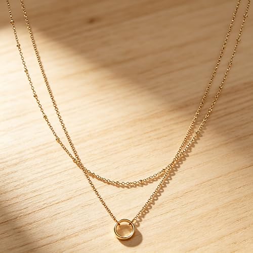 925 Silver Layered and 14K Gold Plated Necklace for Women – Circle Pendant Adjustable Stacking Chain, Retro Modern Jewelry for Special Occasion Gift - color: Gold 2