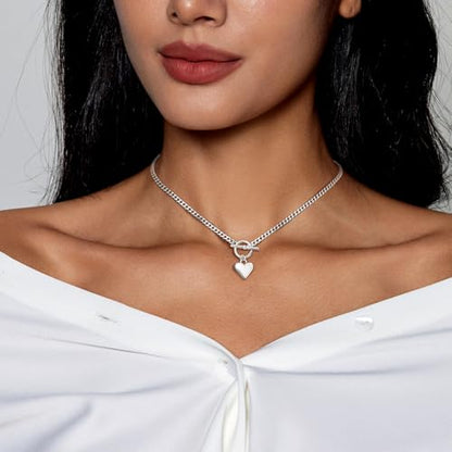 Zeffy Dainty Gold Heart Necklace for Women Trendy 14K Gold/Silver Plate Cute Heart Pendant Choker Necklaces Gold Love Heart Chain Necklace for Women Dainty Gold Jewelry Gifts for Women - style: Chunky Puffy Heart Necklace-Silver