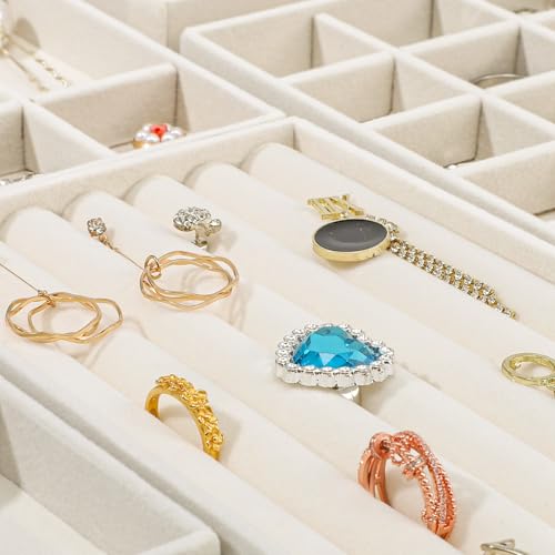 Stackable Jewelry Organizer Trays, 6-Piece Velvet Set, Beige | Removable Dividers, Soft Velvet Lining, Stackable Drawer Trays For Rings, Earrings, Bracelets And Necklaces - color: Beige