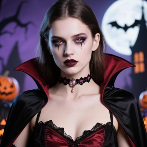 Gothic Lace Choker Vampire Necklace for Women,Black Lace Red Crystal Pendant Necklaces for Halloween,Goth Black Necklace Jewelry Witch Costume Vampire Accessories - style: Style Pink