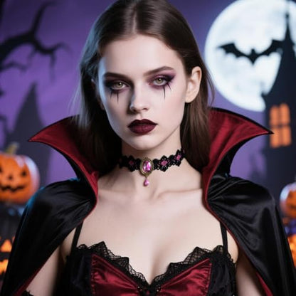 Gothic Lace Choker Vampire Necklace for Women,Black Lace Red Crystal Pendant Necklaces for Halloween,Goth Black Necklace Jewelry Witch Costume Vampire Accessories - style: Style Pink