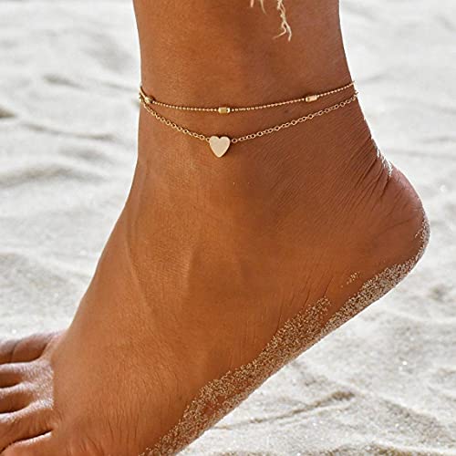 Dainty Simple Chain Anklet for Women 18k Gold/Silver Plated Summer Beach Beaded Evil Eye Moon Figaro Butterfly Satellite Cuban Pearl Flat Marina Anklet Gift - color: Heart Bead- Gold