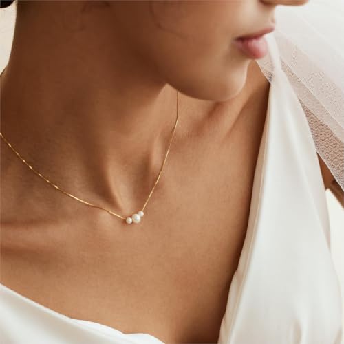 Pearl Necklaces for Women,Dainty Gold Pendant Necklaces Waterproof Jewelry | 14K Gold Plated Pearl Necklaces,Dainty Elegant Wedding Necklace,Small Cute Adjustable Minimalist Necklace,Non Tarnish Jewelry - color: GOLD-18