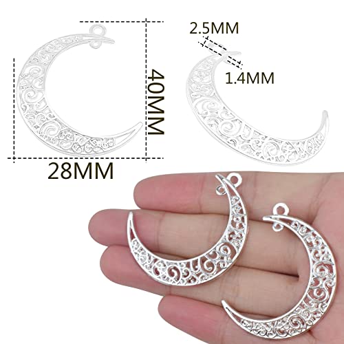 40pcs Bright Silver Hollow Moon Charms Filigree Luna Crescent Charms Celestial Moon Pendants for DIY Earrings Necklace Jewelry Making Findings - color: Kc Silver