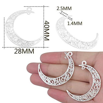 40pcs Bright Silver Hollow Moon Charms Filigree Luna Crescent Charms Celestial Moon Pendants for DIY Earrings Necklace Jewelry Making Findings - color: Kc Silver