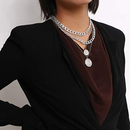 CSIYANJRY99 Chunky Gold Necklaces for Women,Multilayer Punk 80s Hip Hop Necklace,Layered Cuban Link Chain Statement Necklace 90s Freaknik Outfit Accessories for Women - color: Coid Silver