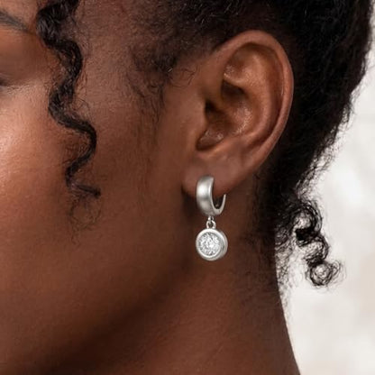 Dangle Flower Gold Earrings for Women, Trendy Statement Hoop Earrings, Gold Floral Drop Earrings Jewelry for Gifts - color: Circular 925 SilverCZ