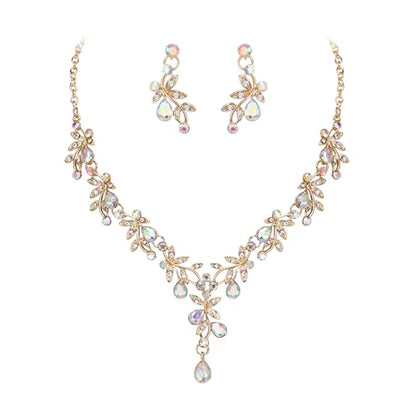 BriLove Wedding Jewelry Set for Women Bride, Y-Necklace Dangle Earrings Crystal Teardrop Leaf Flower Cluster Bridal Bridesmaid - color: 02-Iridescent AB