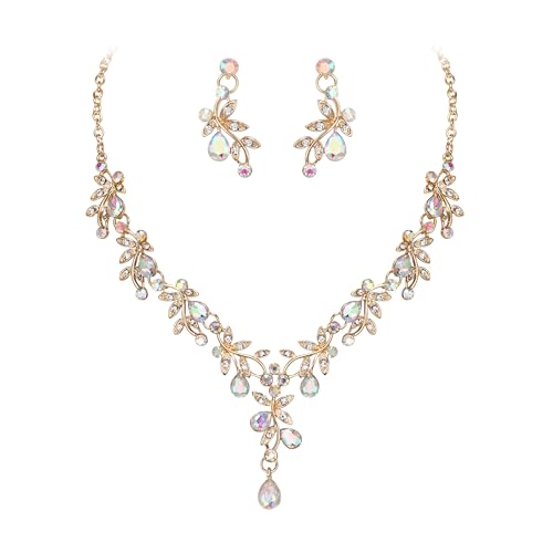 BriLove Wedding Jewelry Set for Women Bride, Y-Necklace Dangle Earrings Crystal Teardrop Leaf Flower Cluster Bridal Bridesmaid - color: 02-Iridescent AB