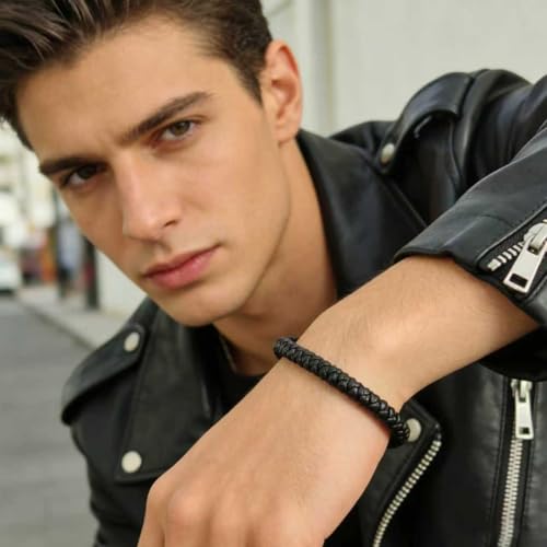 Men's Leather Bracelet, Stackable Stainless Steel Clasp Bracelets for Men Stylish Birthday, Thanksgiving, Valentine's Day Gift for My Man (8.2" Black and Golden) | Men's Accessory, Leather Band, Stainless Steel, Wrist Bracelet