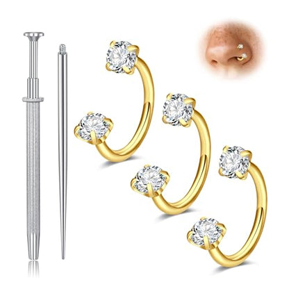 MODRSA 20g Nose Rings Hoops Nose Studs for Women Surgical Steel Hypoallergenic 20 Gauge Nostril Piercing Jewelry L Shape Crokscrew Silver Rose Gold Black Hoop Nostril Rings for Men - color: B12 - Horseshoe ring 20g - gold