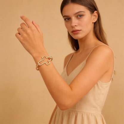 Gold Plated Textured Cross Cuff Bracelet for Women Open Hammered Cross Bangle Minimalist Statement Religious Jewelry Gift