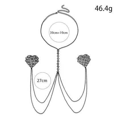 Rhinestone Heart Bra Chain Non Piercing Nipple Jewelry Festival Rave Layered Sexy Necklace Crystal Nipple Body Accessories Jewelry for Women Party - color: Black