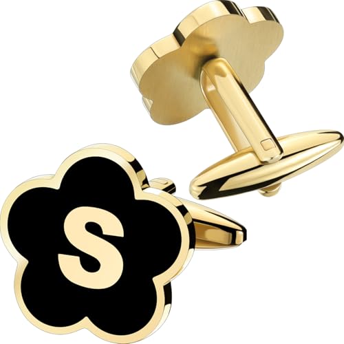 Initial Cufflinks for Mens,Personalized Black Glod Pated Letter Shirts CuffLinks,Stainless Steel Cuff Links, Business Wedding Gift A-Z - style: Letter S