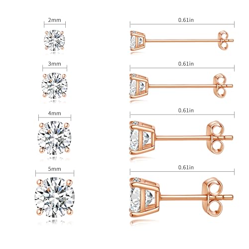 Gold Stud Earring Set for Women Men, Round CZ Earrings Hypoallergenic | 925 Silver Post , 4 Holes Small Studs Earrings Multiple Piercing Cartilage Tragus Trendy Post Cute Earrings Stacks Jewelry - color: Rose gold