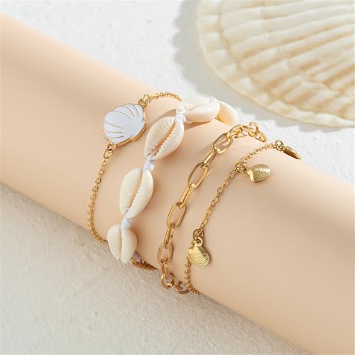 Shell Ankle Bracelet Set for Women,Boho Adjustable Beads Anklet Pack Natural White Shells Stack Stretch Seashell Pearl Starfish Bracelet Set Hawaiian Beach Vacation Foot Jewelry - style: A-Shell 4Pcs