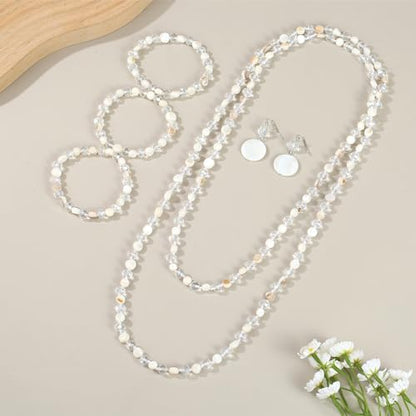 Trendy Infinity Wrap 60’’ Long Statement Necklace, Earrings and Bracelet Set - Hand Knotted Versatile Crystal and Shell Beads Strand Necklace and Chunky Beaded Stretch Bracelet Stack – Jewelry Set Gift for Women - color: White