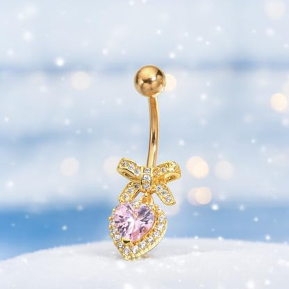 B BodyPJ Sparkles Peach Heart Bow Stainless Steel CZ Dangle Navel Piercing Barbell Belly Button Rings For Women - color: Gold+Pink CZ