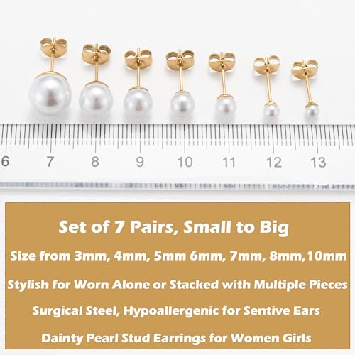 14K Gold Filled Polished Small CZ Pearl Ball Stud Earrings Set for Women Men 20G Surgical Steel Hypoallergenic Piercing Studs for Sensitive Ear, Pack of 6 Pairs - style: A2 : Gold, 3MM-10MM, White Pearl
