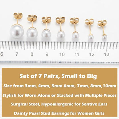 14K Gold Filled Polished Small CZ Pearl Ball Stud Earrings Set for Women Men 20G Surgical Steel Hypoallergenic Piercing Studs for Sensitive Ear, Pack of 6 Pairs - style: A2 : Gold, 3MM-10MM, White Pearl