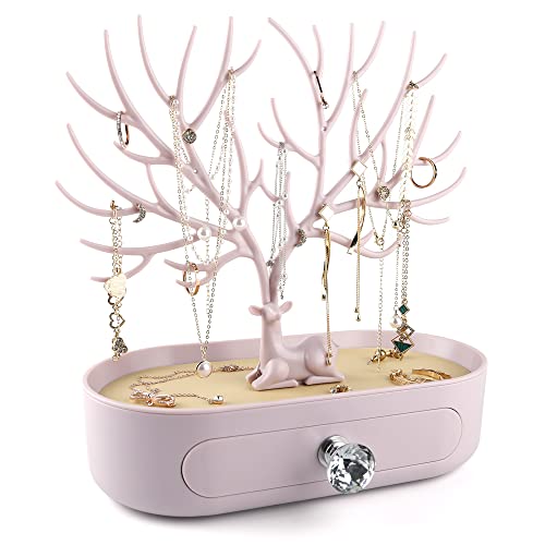 MORE&LESS Antlers Jewelry Display Stand with Drawer and Crystal Handle, Tree Tower Rack Hanging Organizer for Ring Earrings Necklace Bracelet - color: C Light Pink-Drawer-Crystal Handle