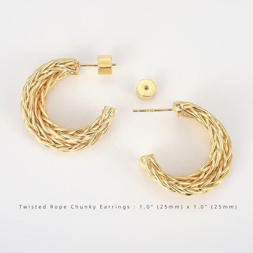 RENAIZ Bold Statement Hoop & Stud Earrings for Women – 14K Gold & Rhodium Plated Maximalist Jewelry, Chunky Geometric Boho Earrings, Hypoallergenic Non-Tarnish Trendy Gift - color: Yellow Gold, style: Twisted Rope Chunky