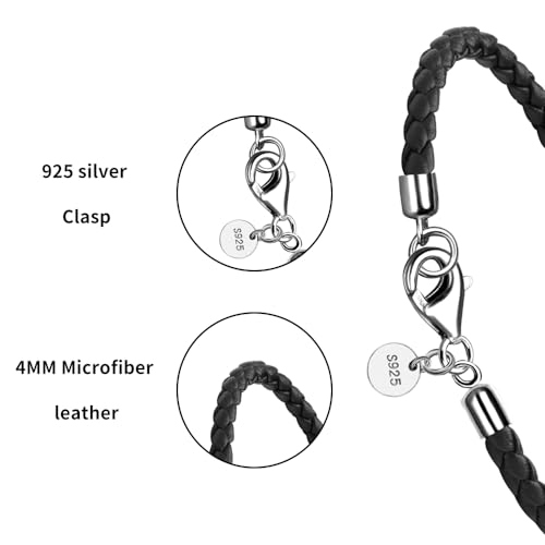 Leather Bracelet for Men Women 4MM Braided 925 silver Clasp 20/21/22cm with Jewelry Gift Box Handcrafted - color: Black, size: 8.2''