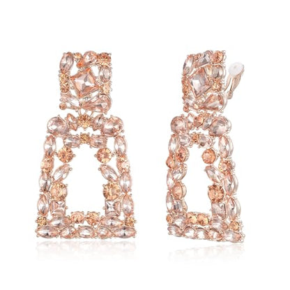 Flyonce Rectangle Clip-on Drop Earrings for Women, Sparkly Rhinestone Crystal Geometric Statement Non Pierced Earring Wedding Prom Party Jewelry for Brides Bridesmaid - color: Champagne Color