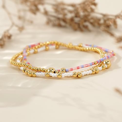 Gold Beaded Bracelet Stack for Women Colorful Small Seed Beads Bracelets Set Boho 14K Gold Plated Ball Stackable Stretch Non-Tarnish Dainty Jewelry Trendy Accessory Friendship Gift - color: pink and white