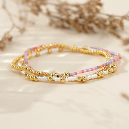 Gold Beaded Bracelet Stack for Women Colorful Small Seed Beads Bracelets Set Boho 14K Gold Plated Ball Stackable Stretch Non-Tarnish Dainty Jewelry Trendy Accessory Friendship Gift - color: pink and white