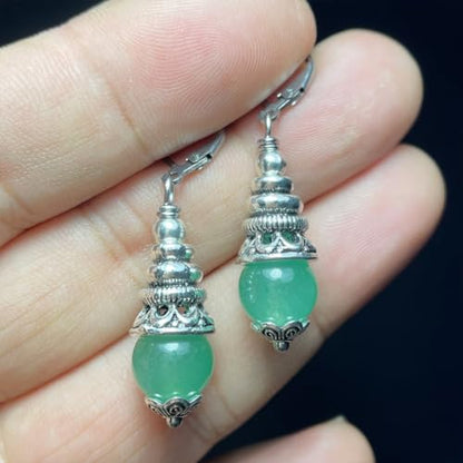 Natural 10mm Stone Beads Drop Earrings,Retro Silver Round Quartz Crystal Gemstone Beads Dangle Earrings for Women - color: A06_Aventurine