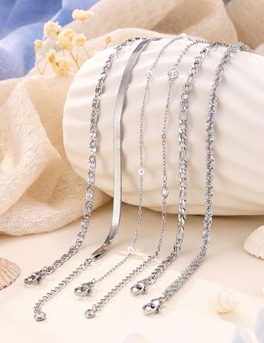 Subiceto Ankle Bracelets for Women Waterproof - 14K Gold Plated Non Tarnish Anklets Set Dainty Stainless Steel Stackable Layered for Beach Summer Jewelry Adjustable - color: 6Pcs-Silver
