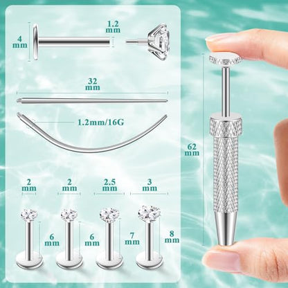 4 Pairs 16G 18G Flat Back Stud Earrings, Hypoallergenic Surgical Steel Set | CZ 2-5mm, internal thread design for nose and tragus piercings use, includes ball grabber tool for easy jewelry changes - color: 16G CZ 2/2/2.5/3mm Silver