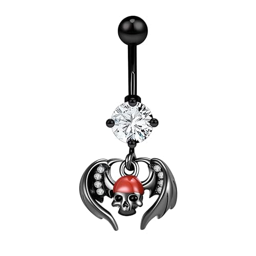 14G Surgical Stainless Steel Dangle Belly Button Rings for Women Belly Ring Dangling Piercing Jewelry CZ Snake lizard Skull Spider bat Halloween Party Punk Rock - style: Winged Skull