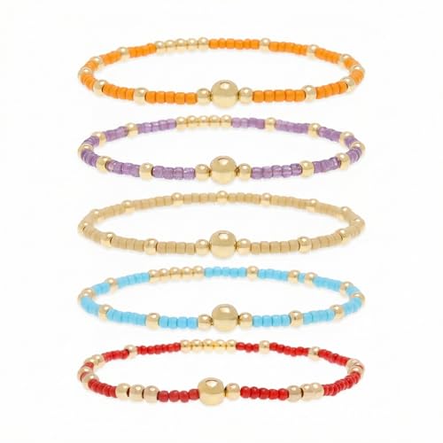 Gold Seed Beaded Bracelets Set for Women, Boho Handmade Friendship Stretch Summer Beach Jewelry Gift. - color: 2001B