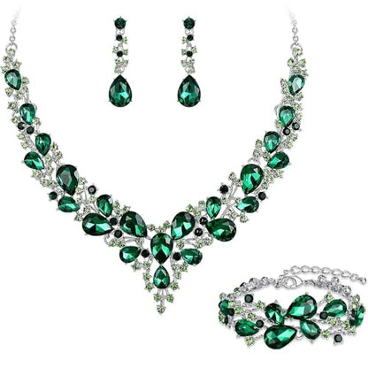 Crystal Bridal Jewelry Set, Floral Statement Necklace, Earrings, Bracelet, Wedding Accessories - color: Green