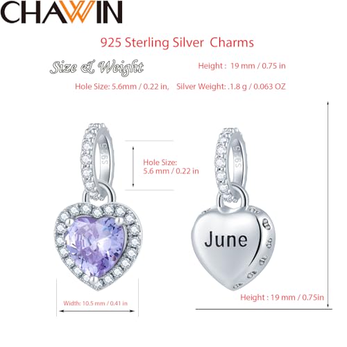 CHAWIN Birthstone Charms, 925 Sterling Silver Heart Dangle Charm, Sparkling CZ Compatible with Pandora Charm Bracelet, Necklace, Birthday Gifts for Women/Wife/Mother - style: 06# June