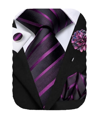 Hi-Tie Men's Silk Ties Formal Woven Classic Necktie Pocket Square Cufflinks Lapel Pin Set Wedding Business - color: A Black and Purple