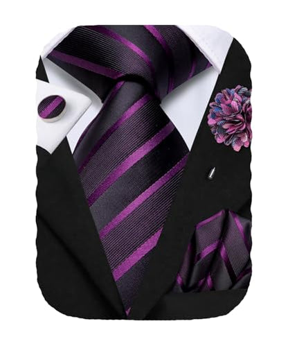Hi-Tie Men's Silk Ties Formal Woven Classic Necktie Pocket Square Cufflinks Lapel Pin Set Wedding Business - color: A Black and Purple